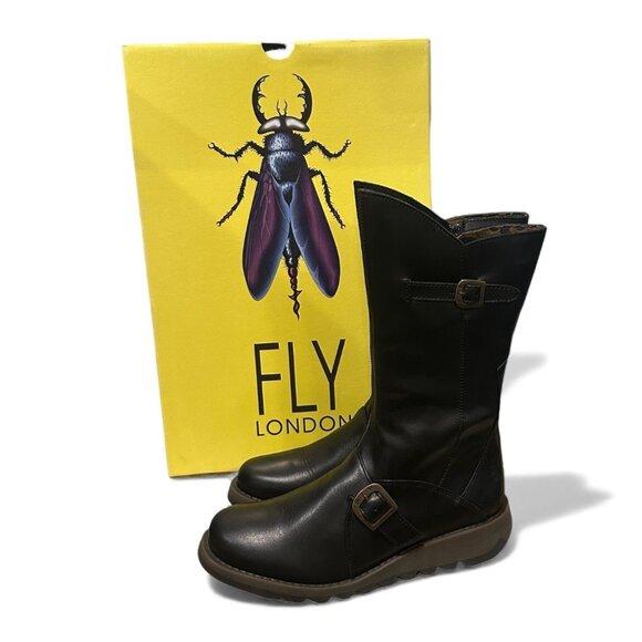Fly London MES 2 Buckle Moto Leather Mid-Calf Boots Women’s 40 Zip RUG Sole - Picture 3 of 12